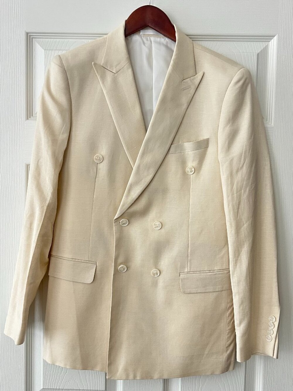 Tazio Europa Mens 38L Cream Linen Blend Double Breasted 2 Piece Suit 32L
